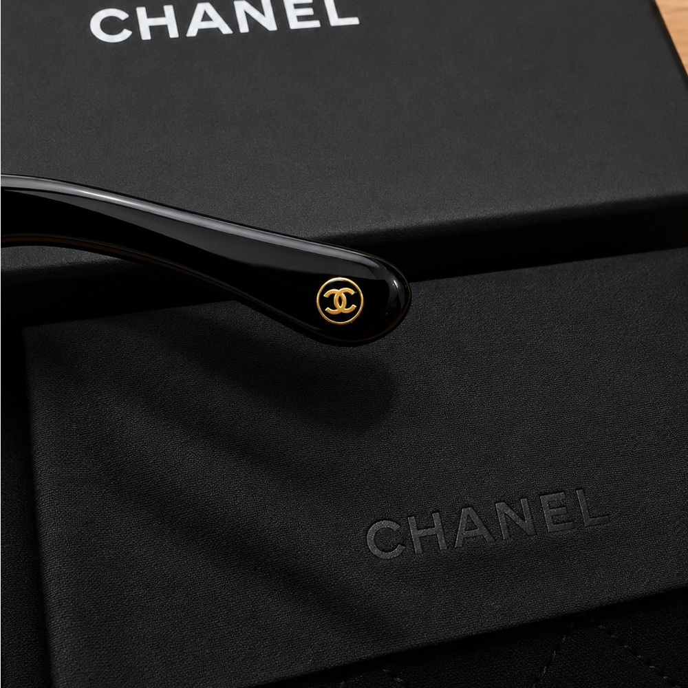 Chanel Black Cat-Eye Sunglasses with Gold Stud Detail - Picture 7 of 7
